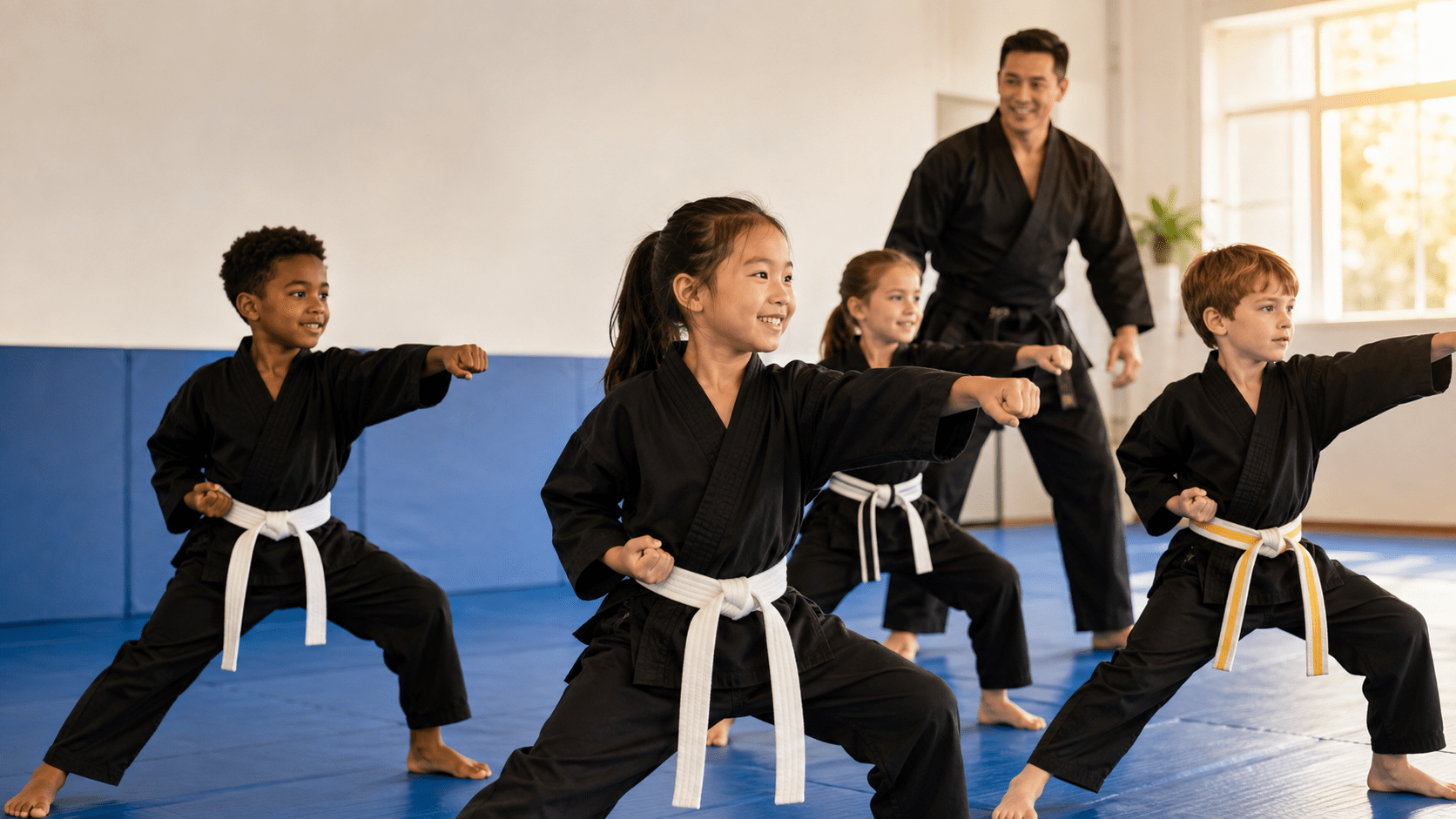 Young martial arts students practice coordinated stances as their instructor encourages them at Martial Way.